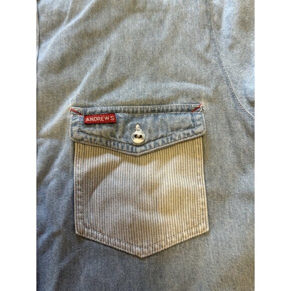 Andrew’s Blues Denim Size Medium Button Up Shirt Cotton Hippie Boho Short Sleeve - Picture 5 of 10